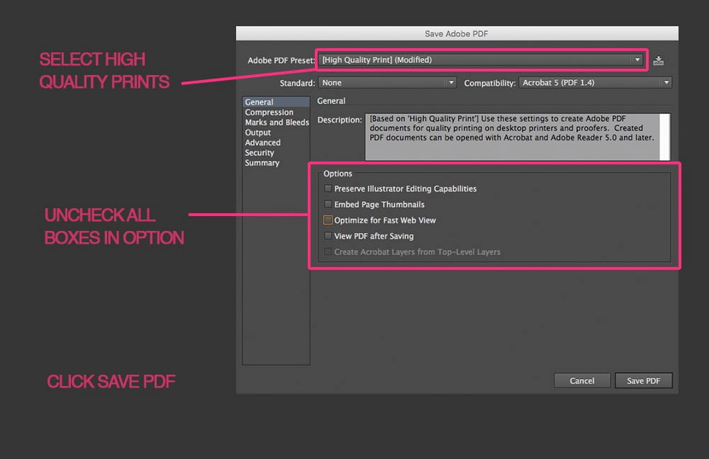 Illustrator: PDF export settings for high quality printing