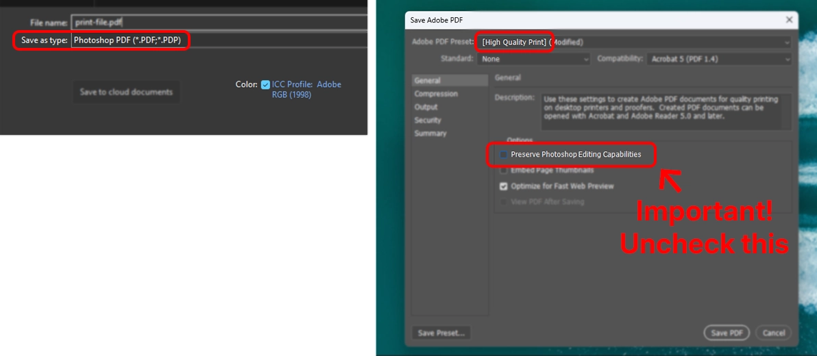 Photoshop: Save as Adobe PDF with High Quality Print preset