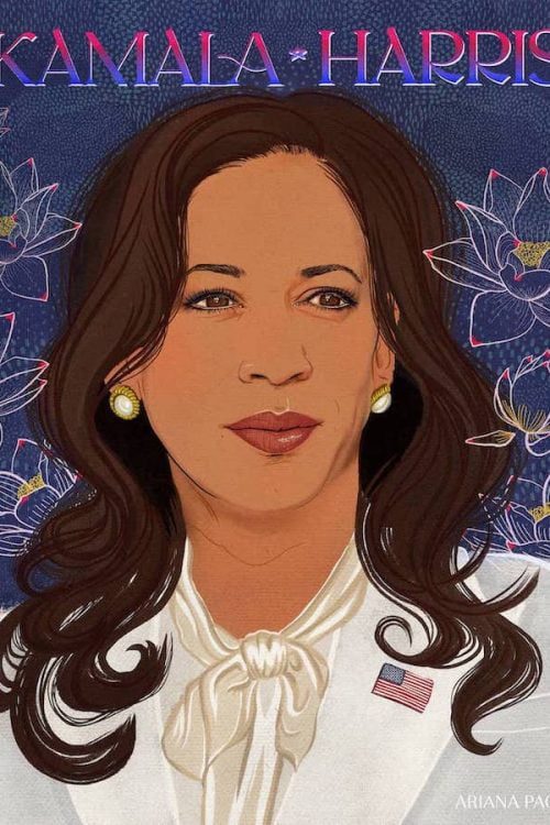 Illustration of Kamala Harris. Lotus Flowers and Typography. Red, White, and Blue. Editorial Illustration and animation. Kamala in white suit. Silk Pussy-bow blouse shirt.