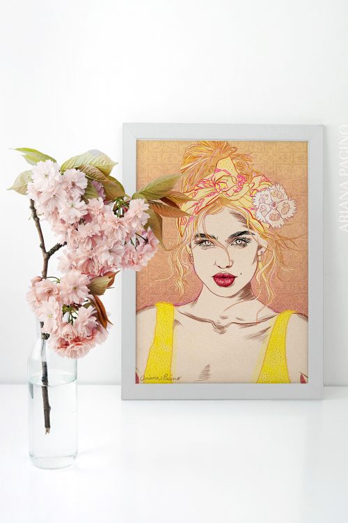 Yellow and Pink Art Print with model Belle Lucia wearing a headscarf