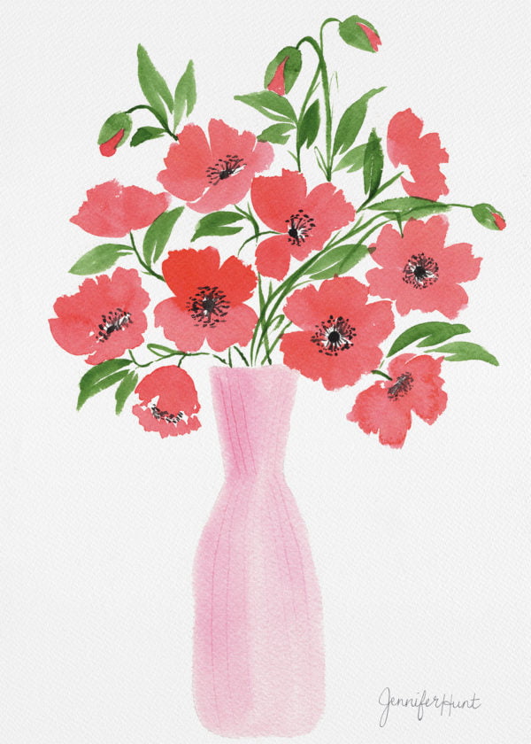 5x7 Red Poppies Pink Vase
