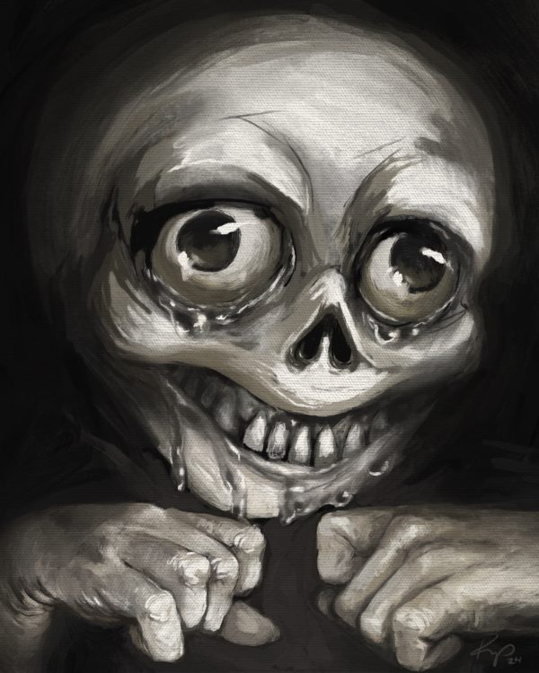 Digital painting of a grotesque skull-like portait with huge tearful eyes, hands raised in a coy and nervous pose