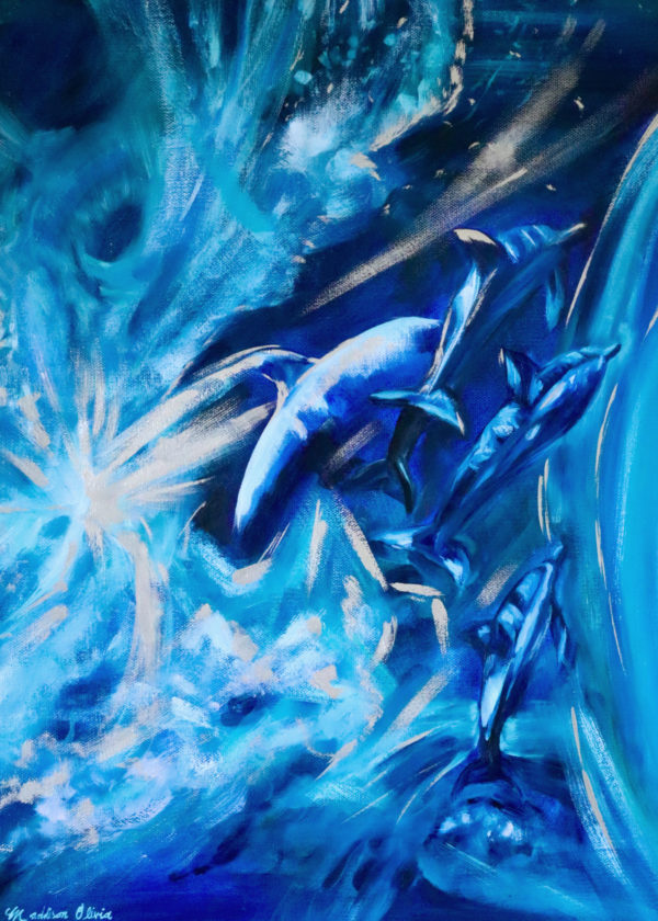 giclee print 7x5 dolphins in the cosmos