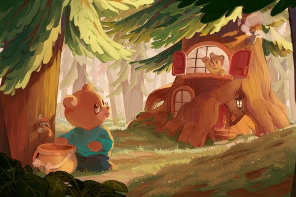 Teddy, a little bear with a blue sweater sits on his knees next to his yellow bucket collecting sap from the nearby fir tree. Behind him Honey, his bear partner, beckons him from the window of their fir tree home for breakfast while the early morning sun illuminates the ground between them in the forest.